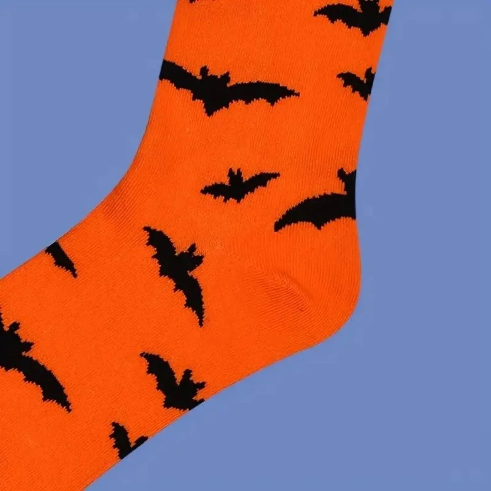 Bat Socks Orange Crew Length Unisex Halloween Goth